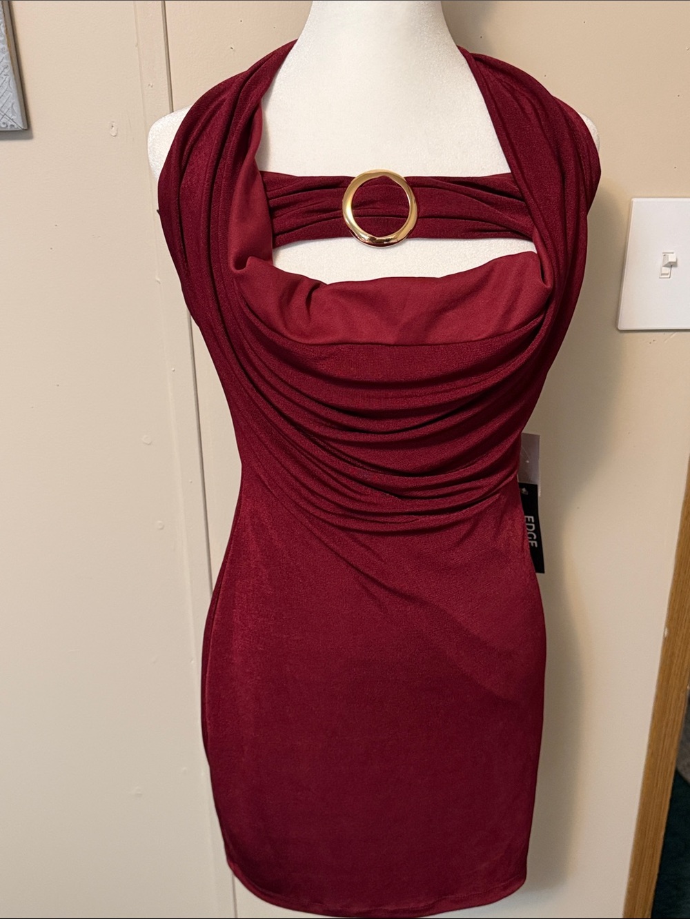 EDGE Burgundy Satinelle Halter Bra Top Slinky Draped Cowl Mini Dress NWT Size L